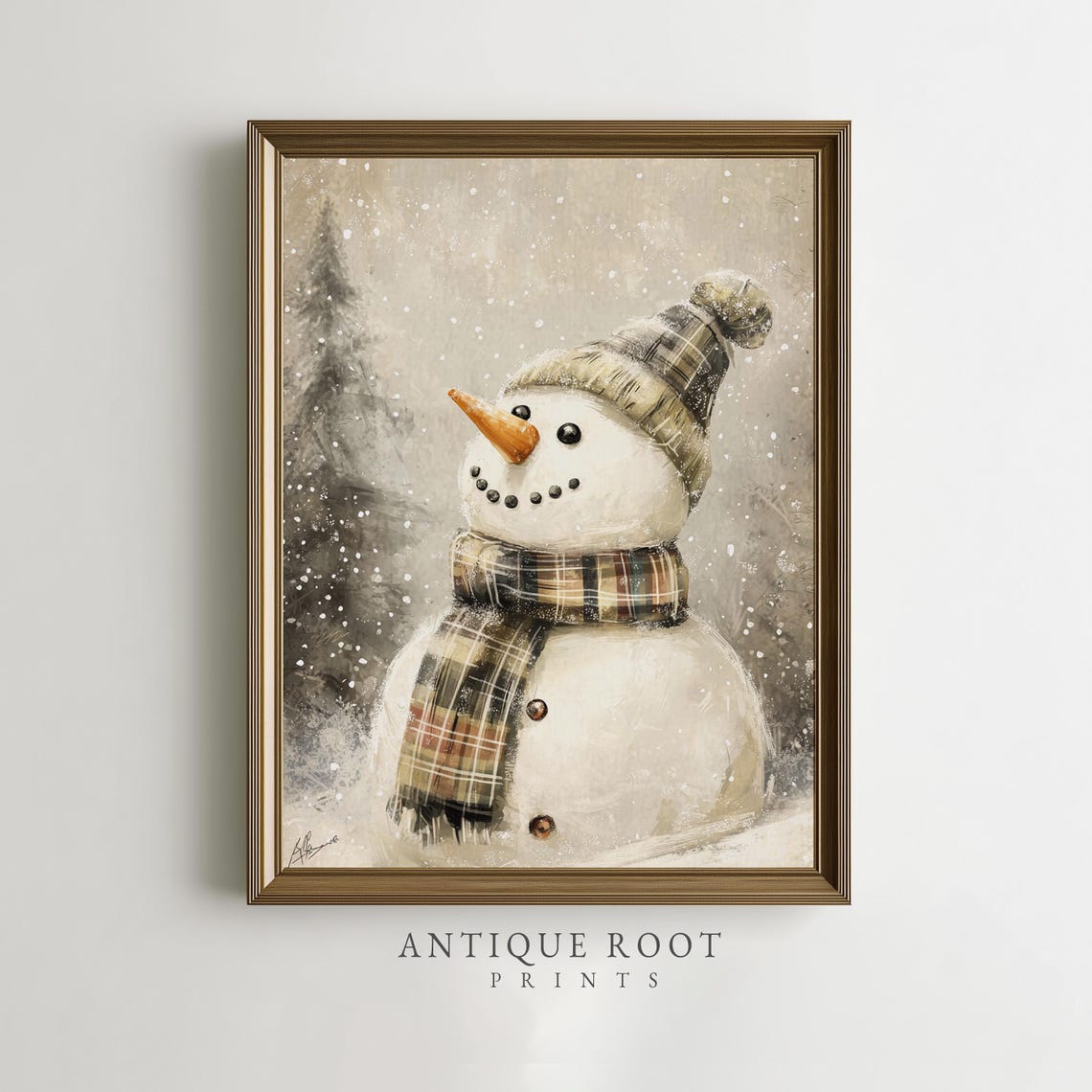 Snowman Plaid Scarf Winter Snowfall Cozy Vintage Painting Poster