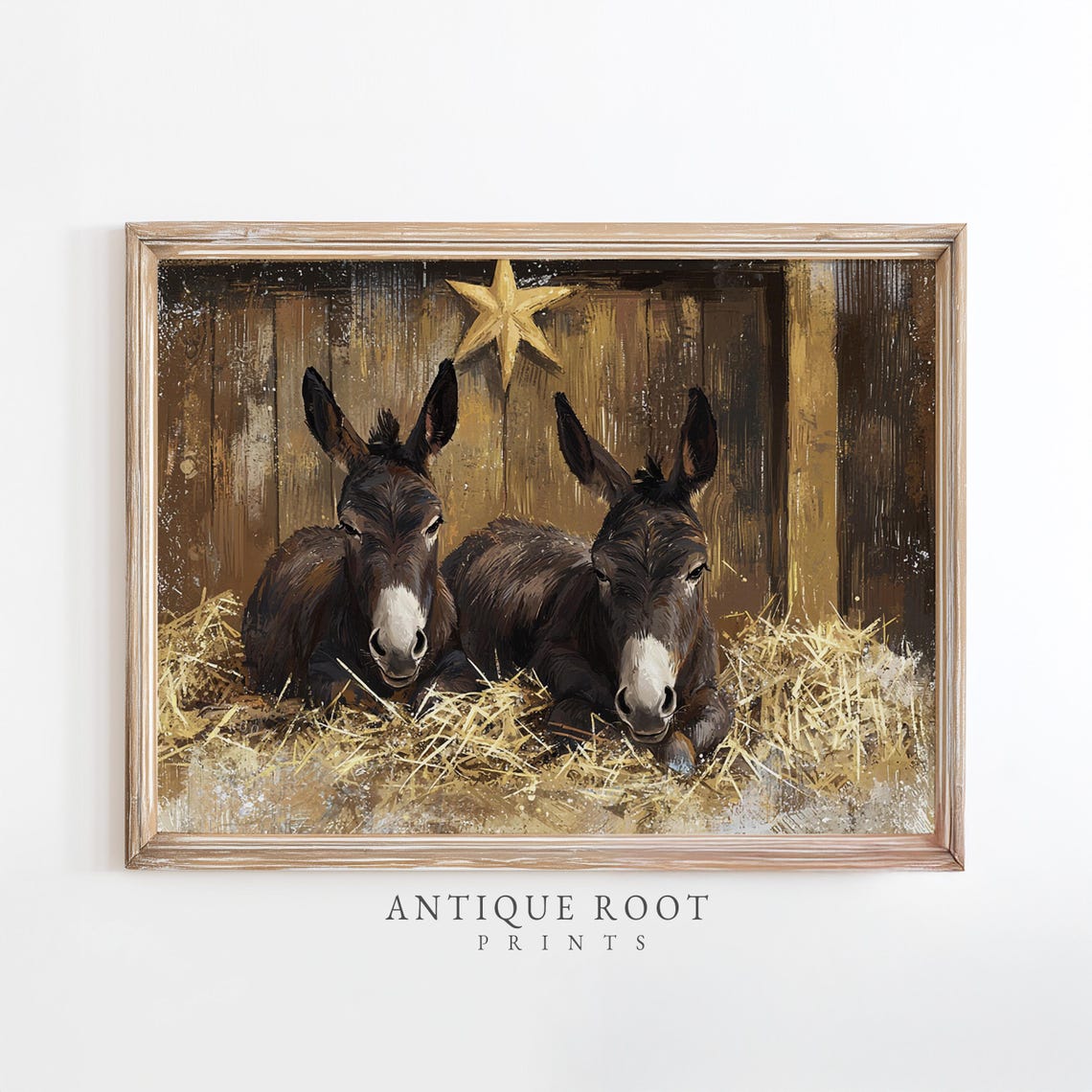 Two Donkeys in Barn with Golden Star Rustic Farmhouse Poster