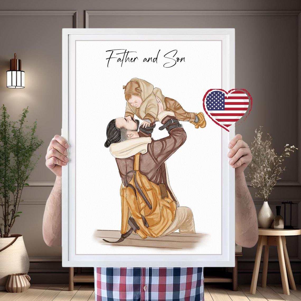 Hand Painted Father and Son Watercolor Portrait Custom Gift Poster