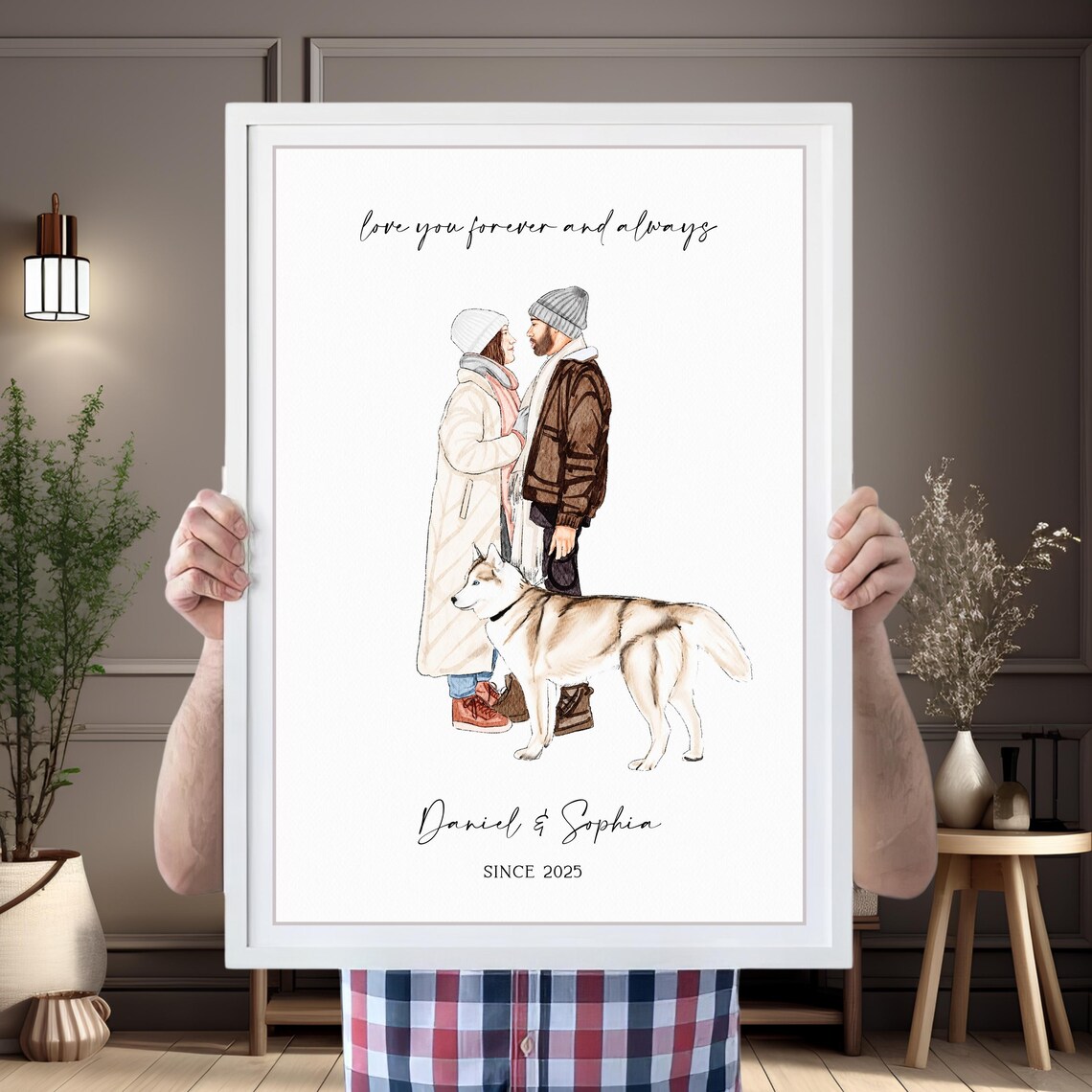 Love You Forever Custom Watercolor Winter Couple and Husky Dog Poster