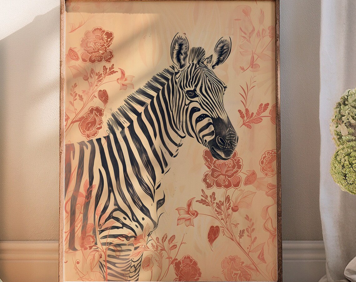 Standing Zebra Among Peach Blossoms Vintage Floral Art Print - Image 3