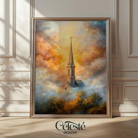 Church Steeple In Golden Sunset Clouds Religious Faith Wall Art