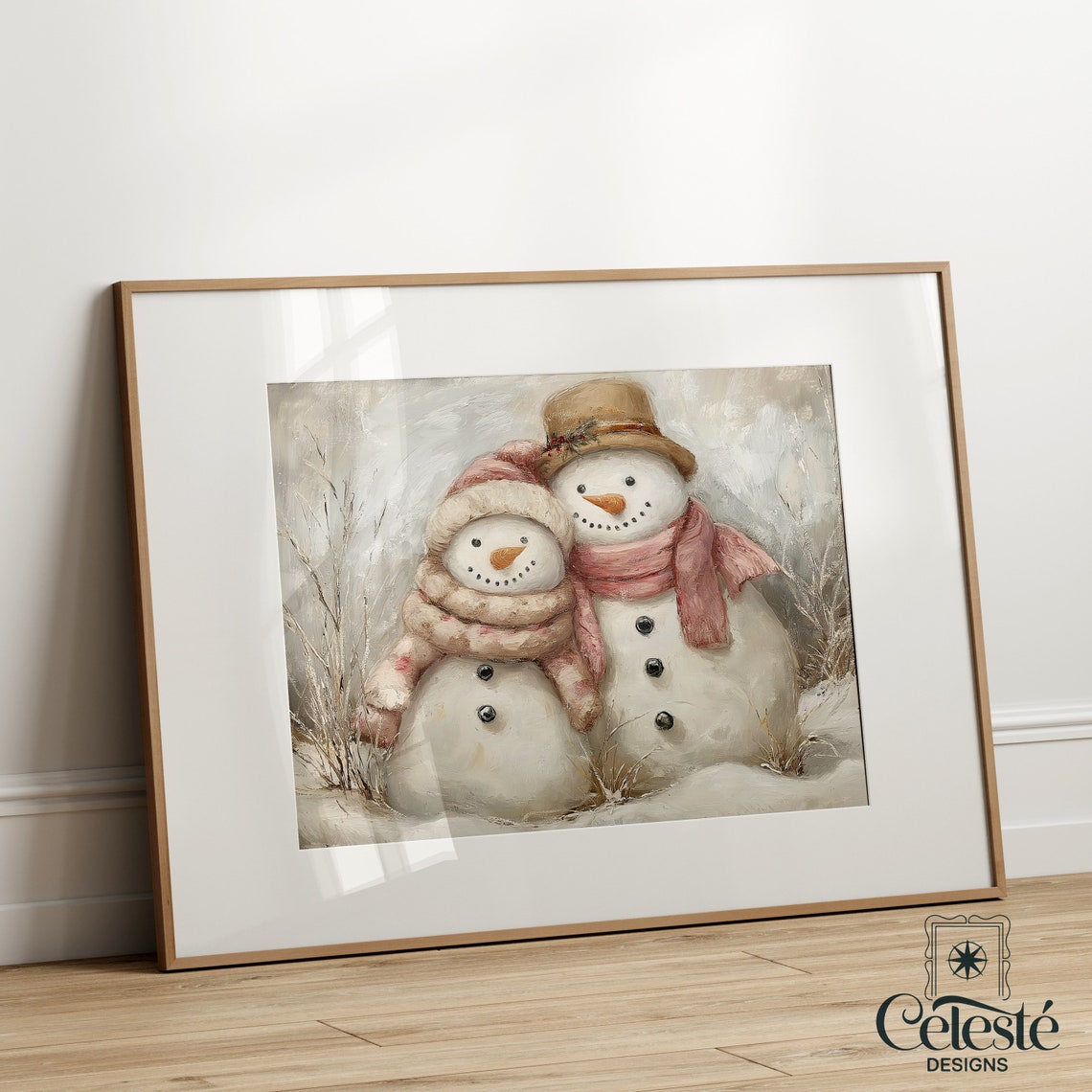 Vintage Snowman Couple In Winter Forest Christmas Holiday Wall Art
