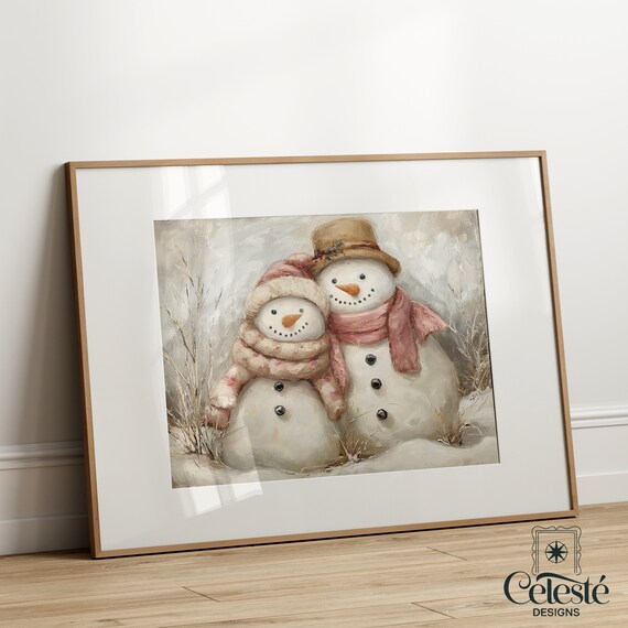 Vintage Snowman Couple In Winter Forest Christmas Holiday Wall Art