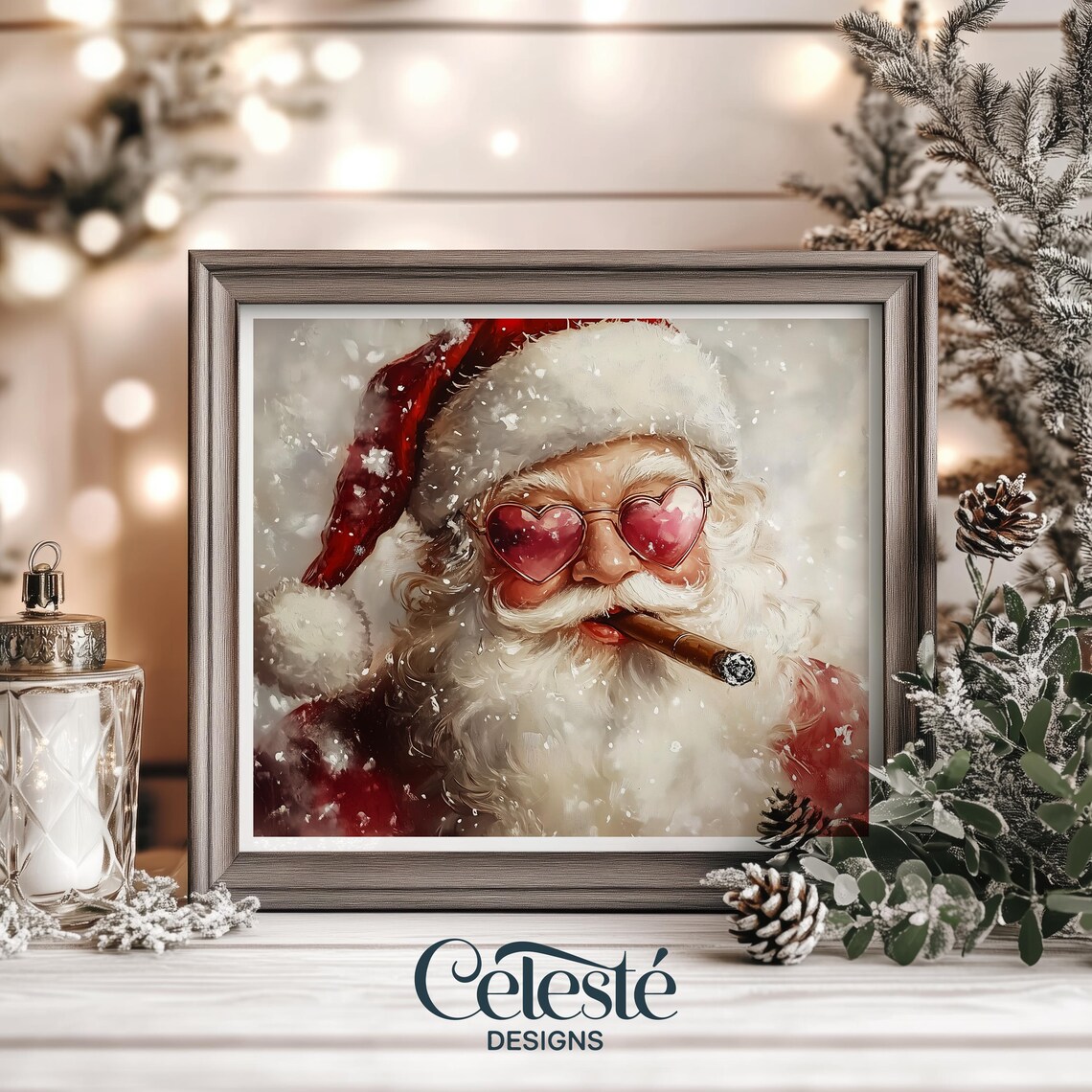 Santa Claus Christmas Print Cool Heart Sunglasses Cigar Rebellious Holiday Decor