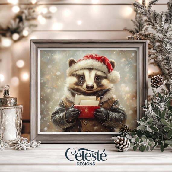 Cute Badger Santa Hat Christmas Card Vintage Holiday Animal Print