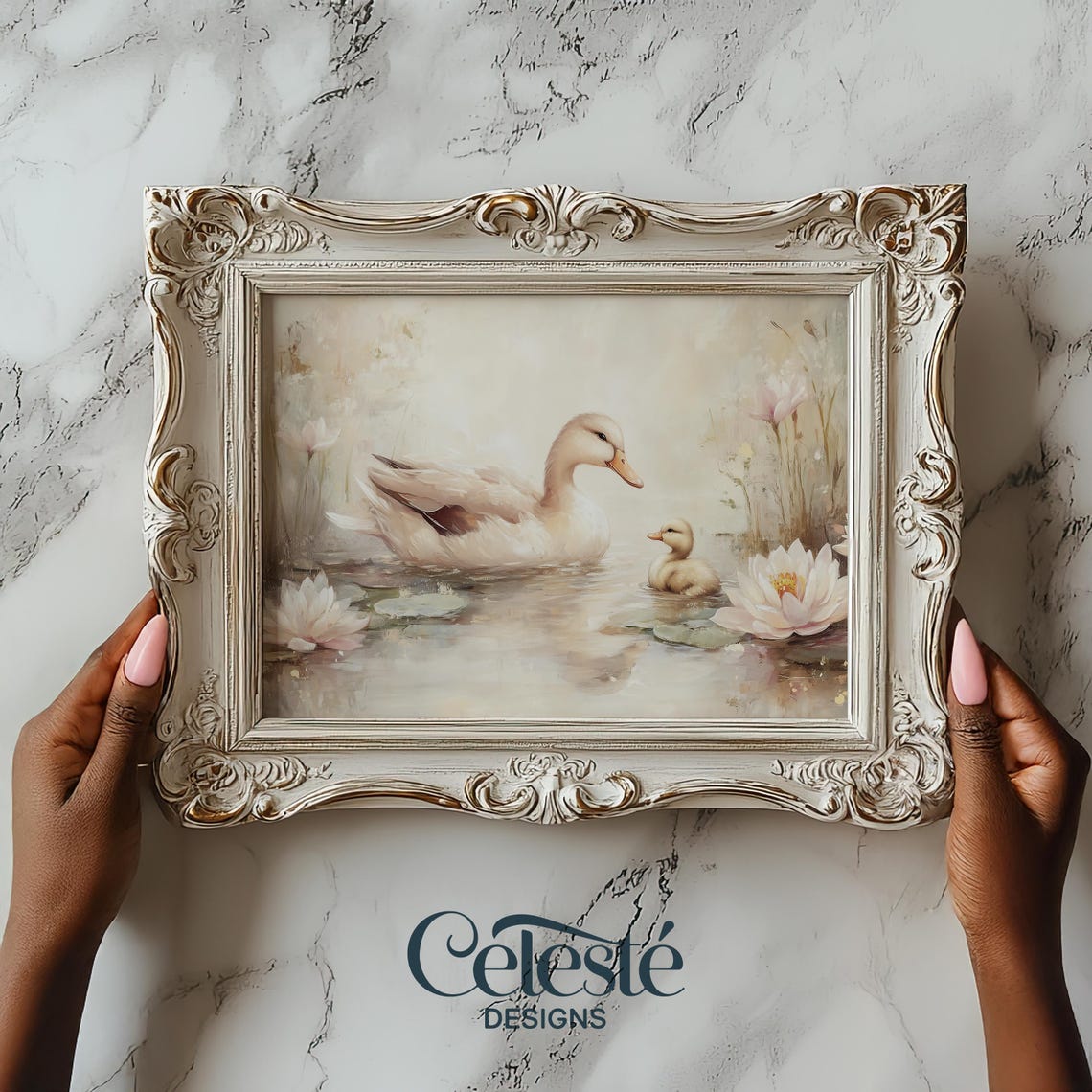 Mother Duck And Duckling Print Spring Nursery Wall Art