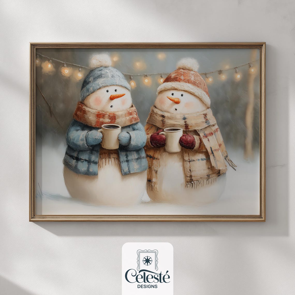 Two Snowmen Sharing Cocoa Under Fairy Lights Christmas Poster