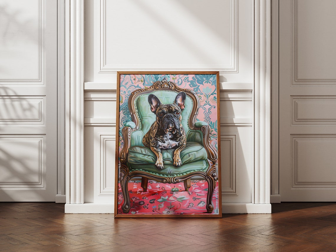 Elegant French Bulldog Sitting On An Antique Chair In Oil Painting Style Framed Poster Bulldog Portrait Dog Wall Art Wall Hanging - Image 5