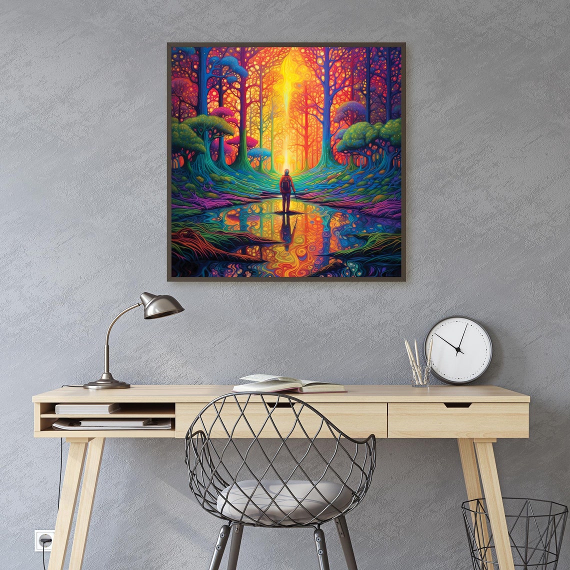 Lone Hiker In Psychedelic Rainbow Forest Reflective Lake Art Poster - Image 3