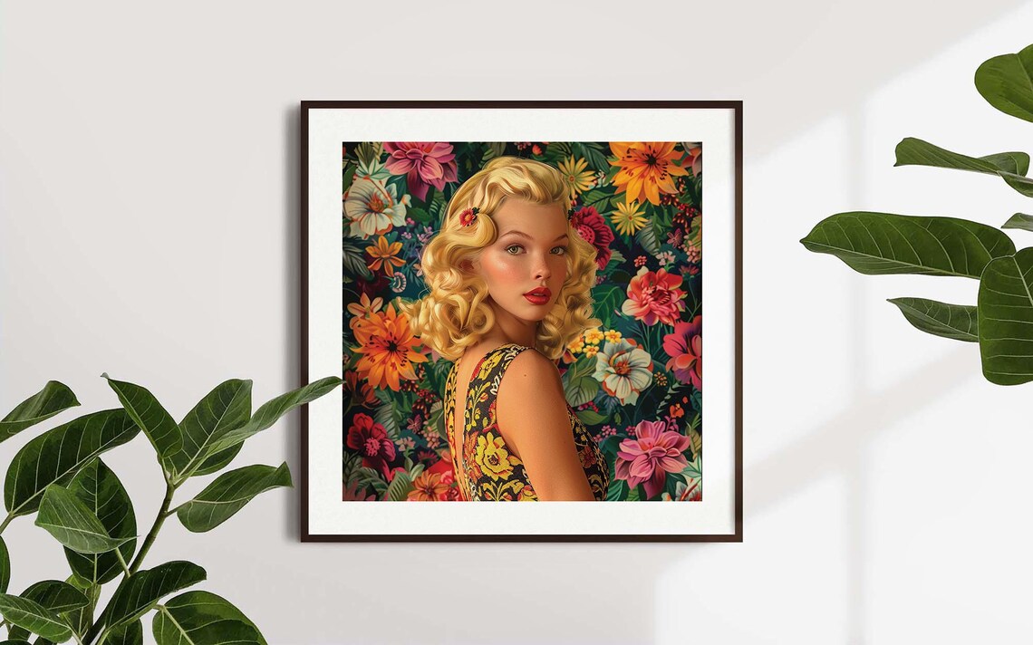 Vintage Pin Up Blonde Woman Floral Dress Retro Beauty Poster - Image 3