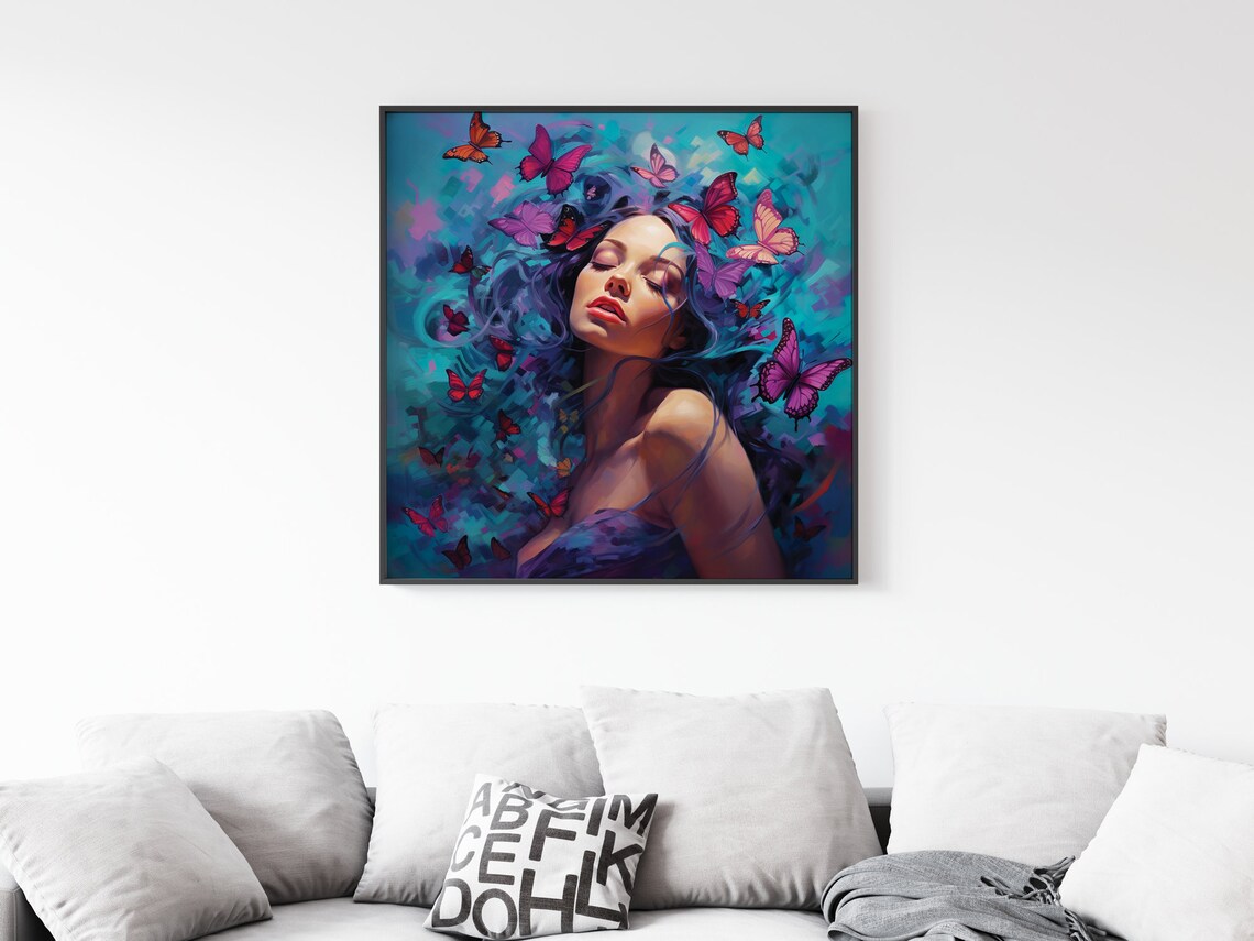 Dreamy Woman Butterflies Surrounding Hair Ethereal Teal Beauty Poster - Image 4