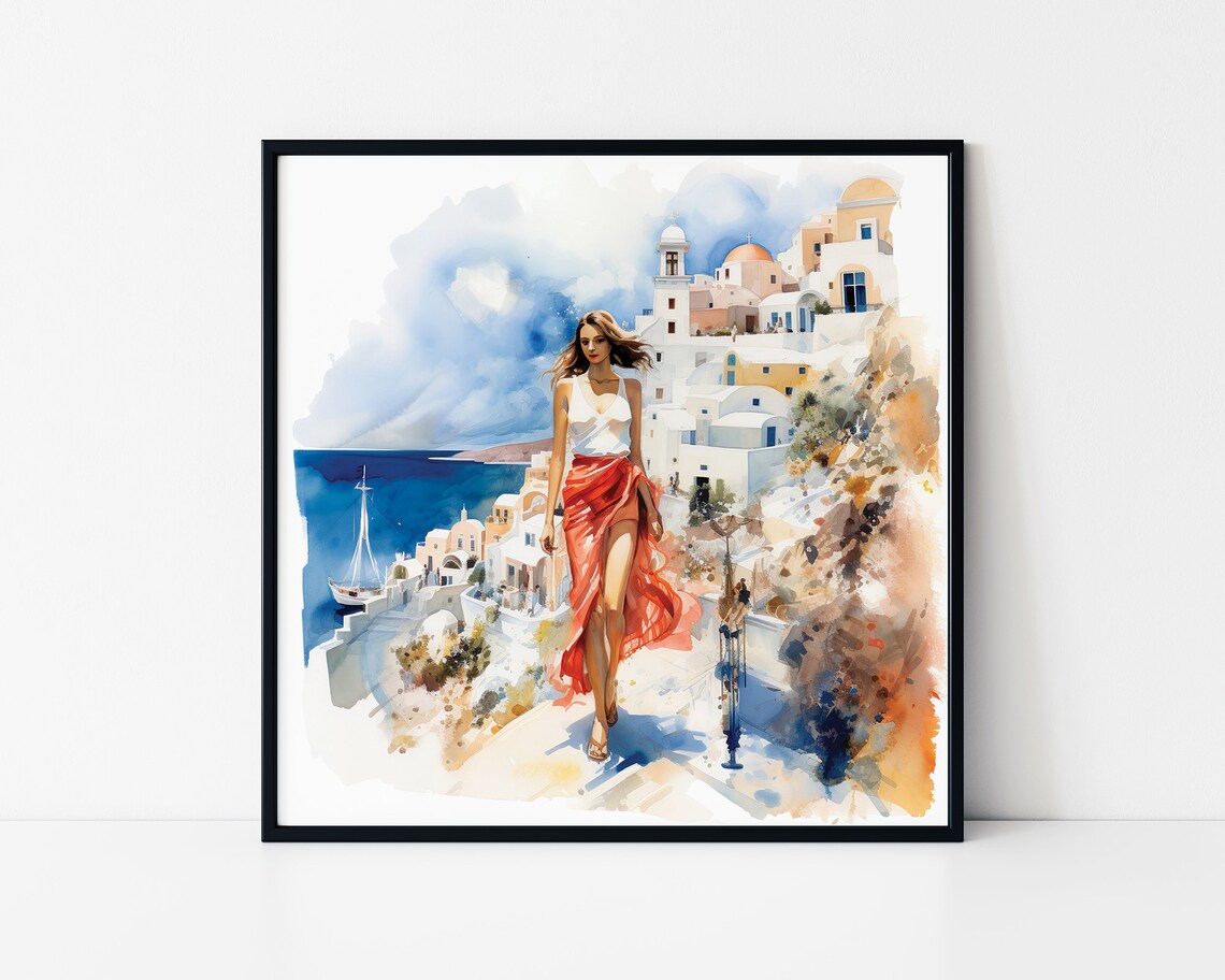 Santorini Greece Watercolor Woman In Red Skirt Island Travel Poster