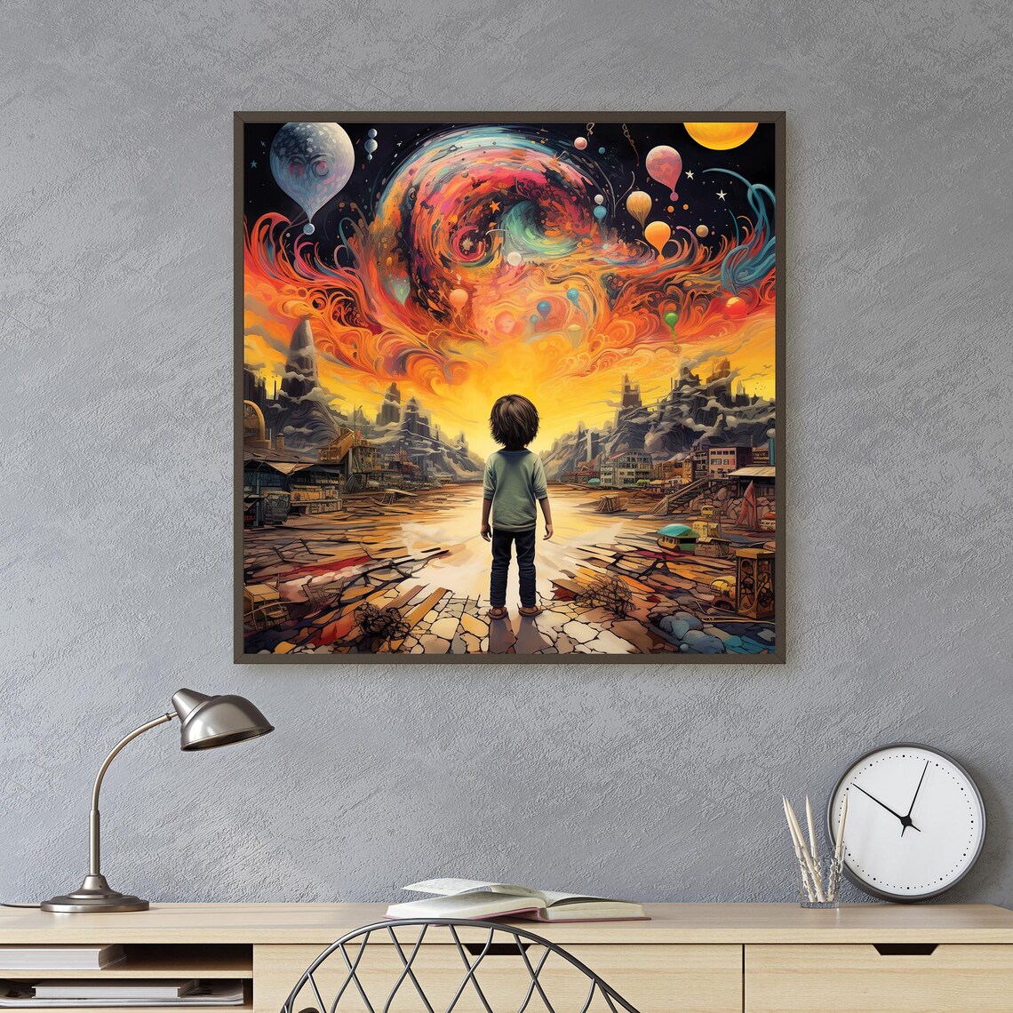 Dreamy Child Cosmic Cityscape Surreal Galaxy Balloon Wall Art - Image 3