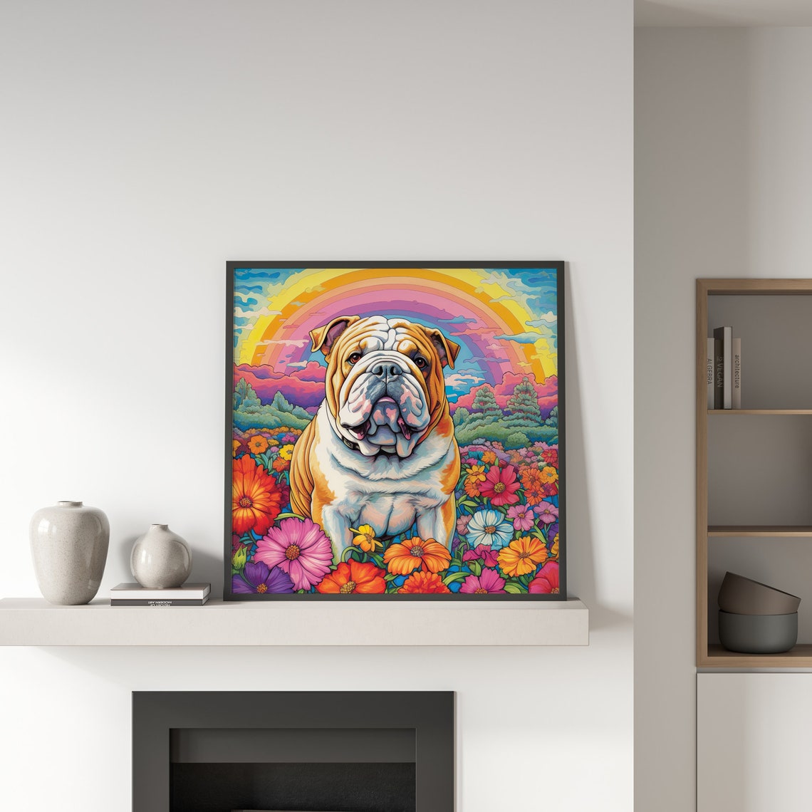 Bulldog In A Colorful Flowers Field Framed Poster Drawing Of A Bulldog With Colorful Flowers Dog Loves Wall Art Dog Portrait Poster - Image 5