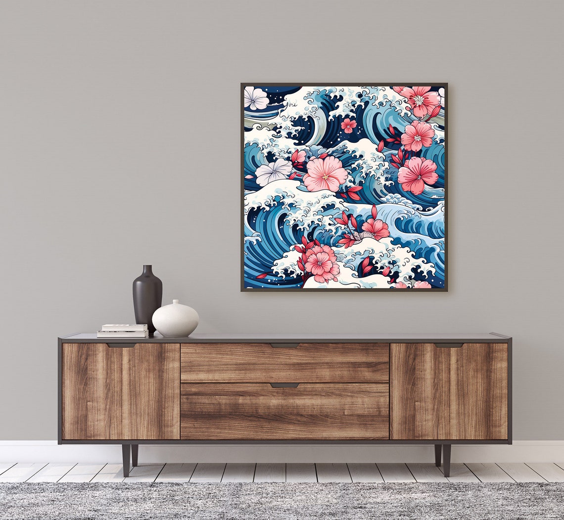 Japanese Wave Pink Flowers Ocean Swell Cherry Blossom Art Poster - Image 2