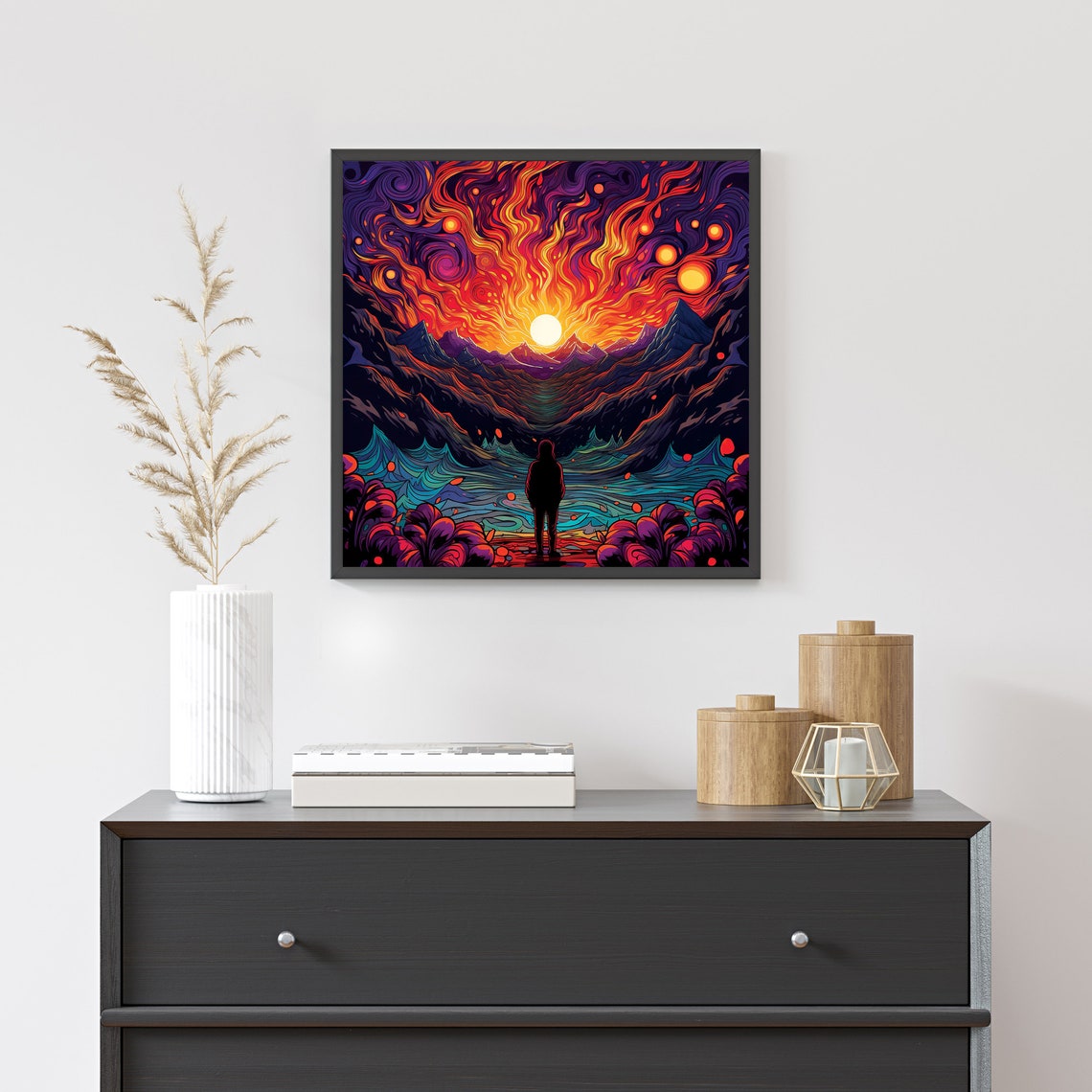 Lone Figure Fiery Psychedelic Sunset Swirling Cosmic Peaks Poster - Image 4