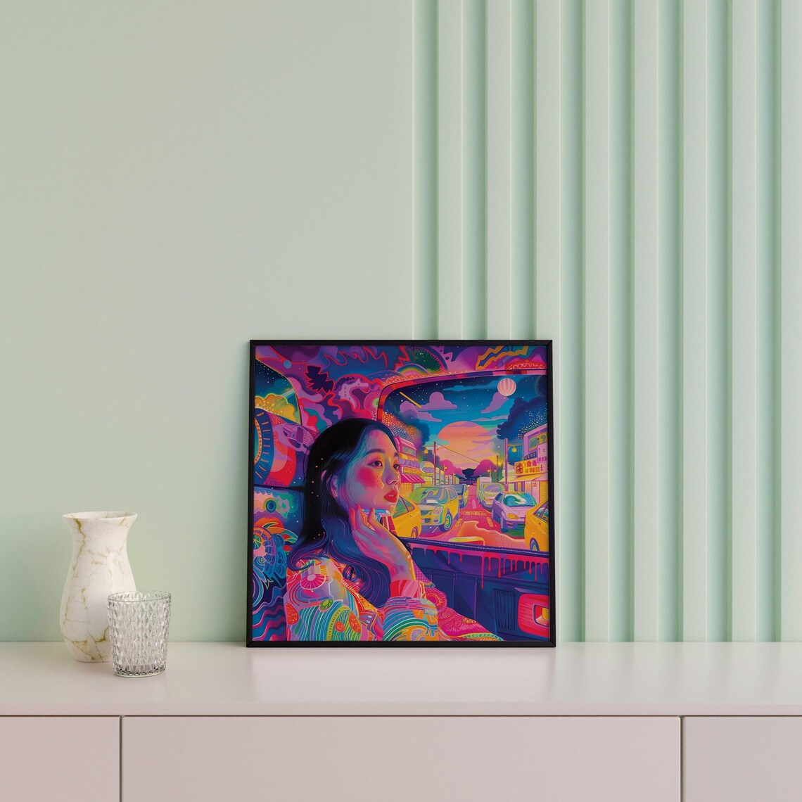 Beautiful Neon City Taxi Night Ride Dreamy Woman Psychedelic Wall Art - Image 2