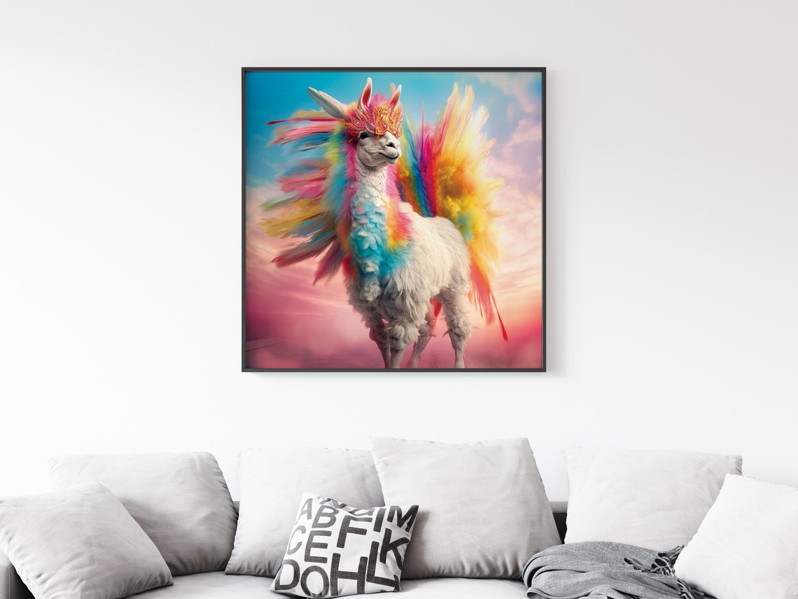 Rainbow Alpaca With Colorful Feathered Mane Fantasy Animal Art Poster - Image 5