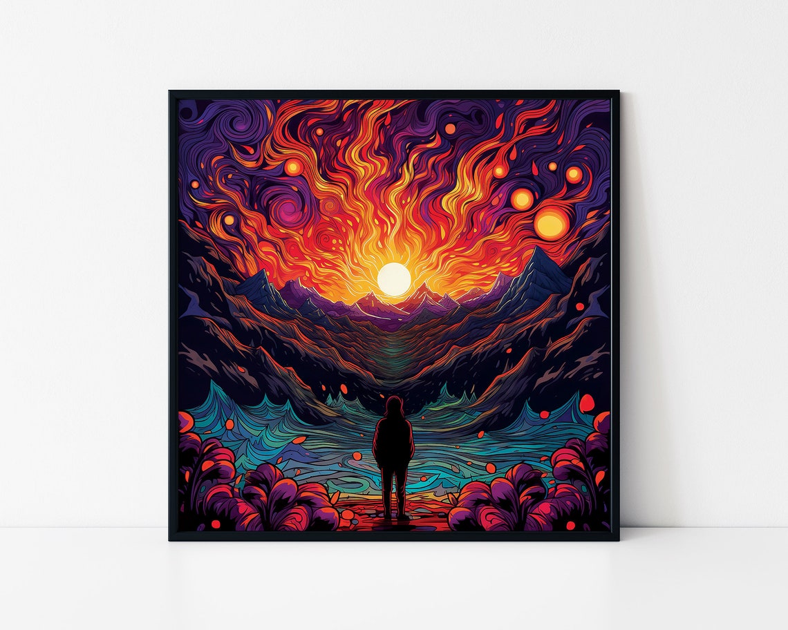 Lone Figure Fiery Psychedelic Sunset Swirling Cosmic Peaks Poster