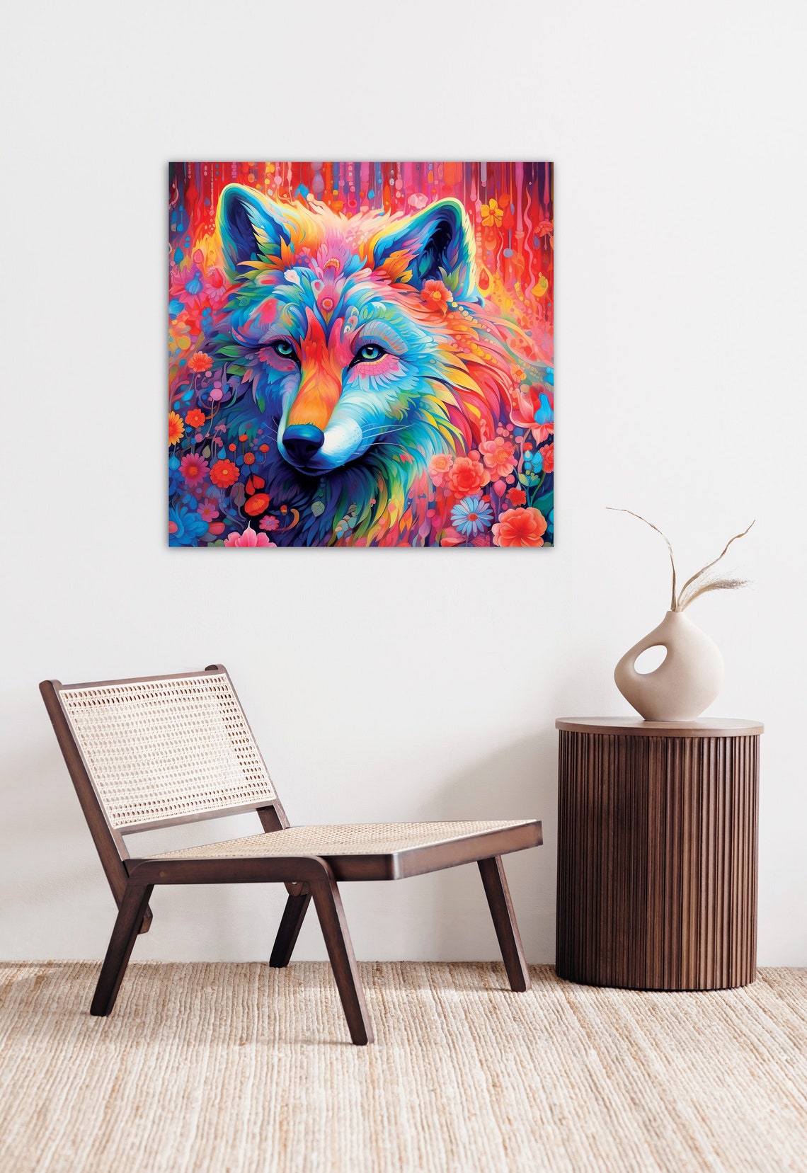 Colorful Rainbow Wolf Face Vibrant Floral Wildlife Pop Art Poster - Image 2