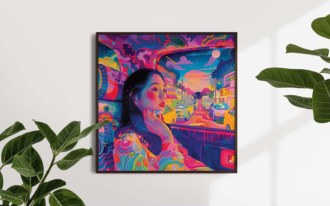 Beautiful Neon City Taxi Night Ride Dreamy Woman Psychedelic Wall Art - Image 4