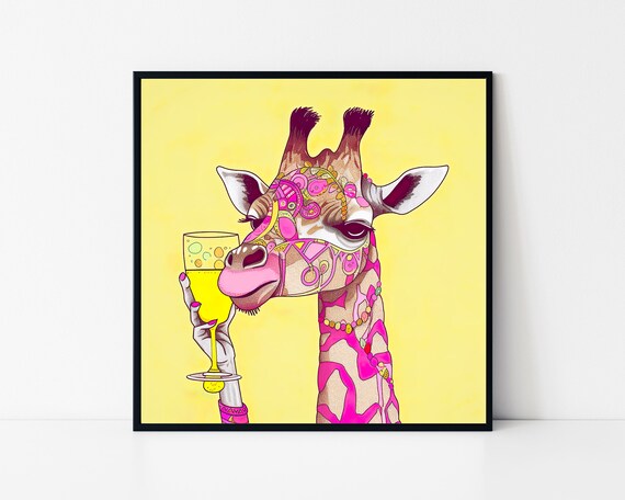 Pink Giraffe Drinking Wine Glass Pop Art Funny Animal Poster