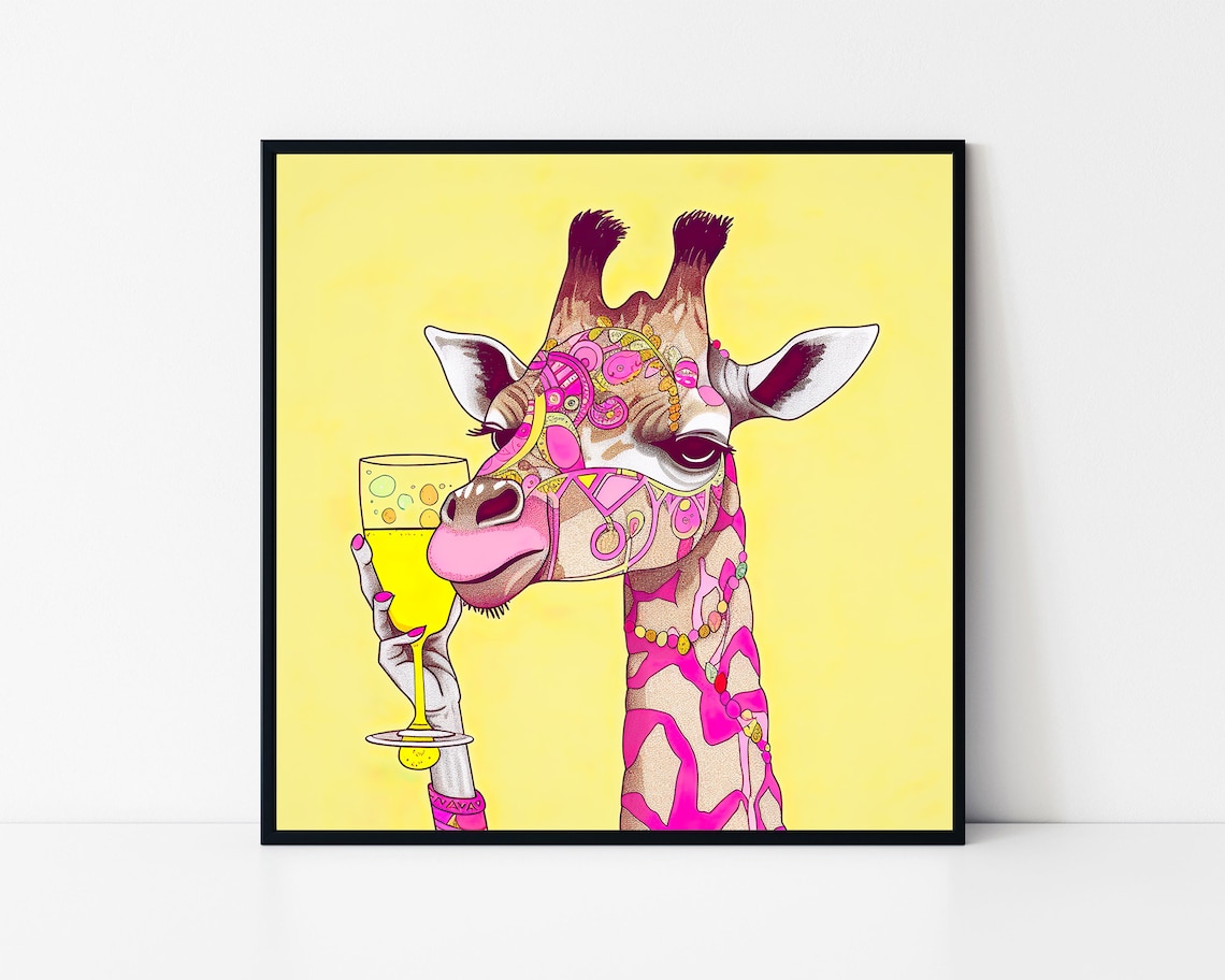 Pink Giraffe Drinking Wine Glass Pop Art Funny Animal Poster