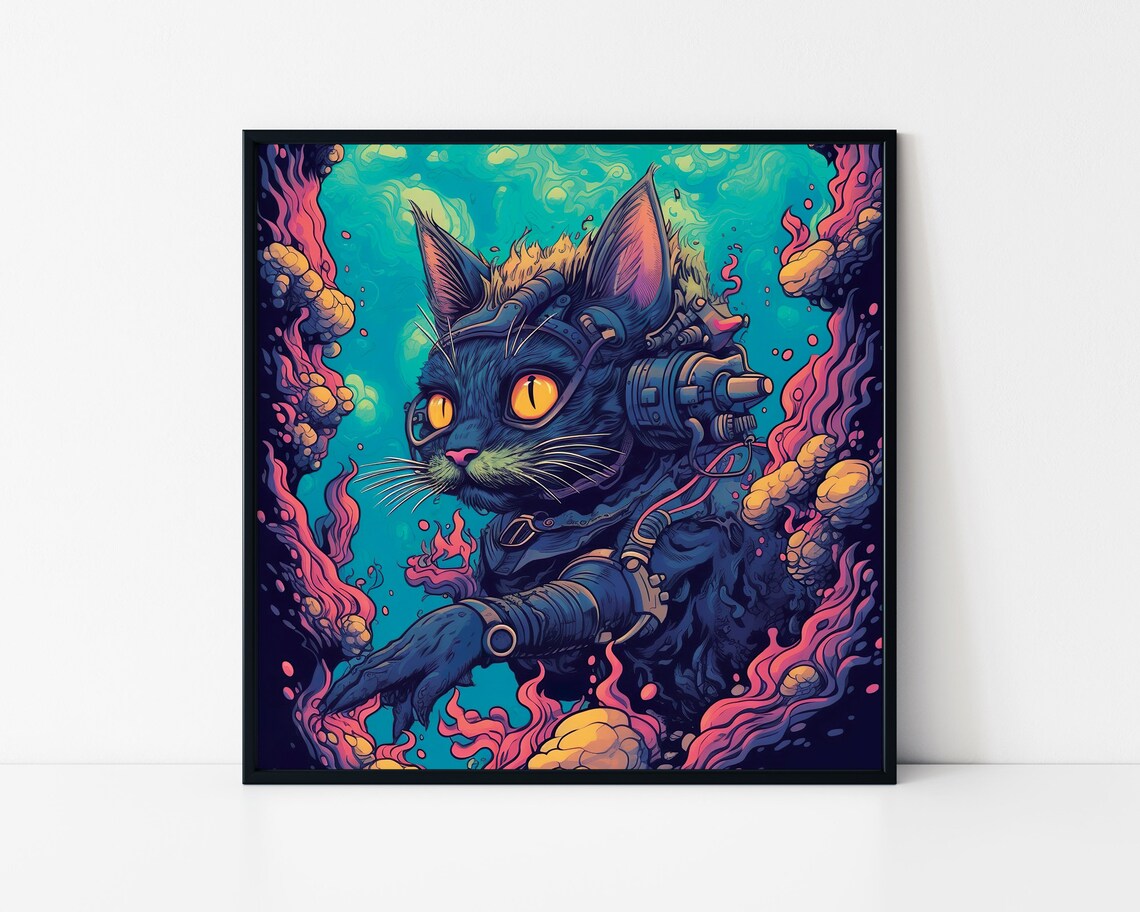 Cool Cyberpunk Black Cat Diver Neon Underwater Graffiti Wall Art