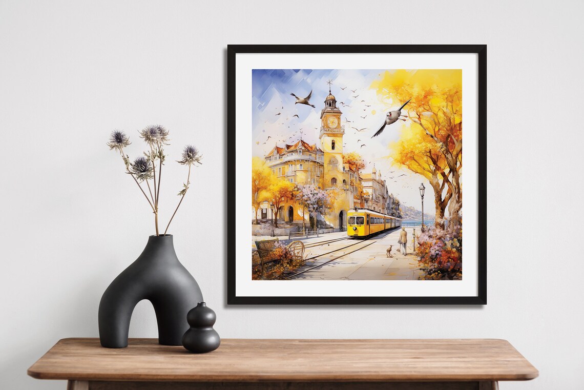 Watercolor City With Flying Seagulls Framed Poster Urban Watercolor With Seagulls City Life Watercolor Poster Wall Art Poster - Image 3