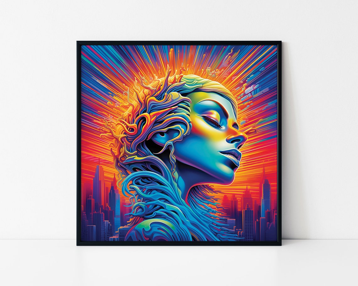 Neon Woman Profile City Sunset Radiant Psychedelic Beauty Poster