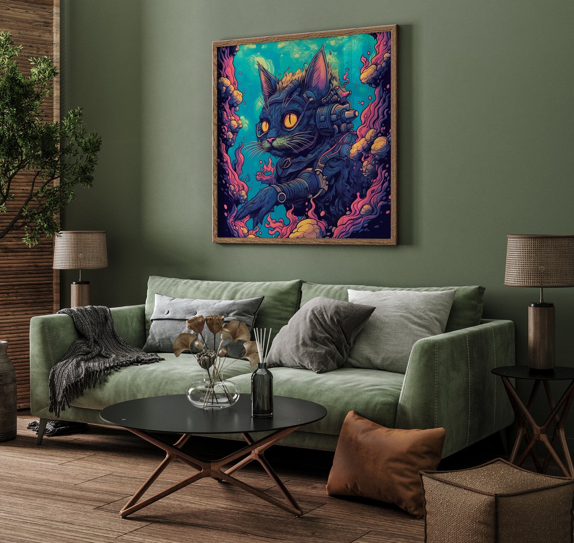 Cool Cyberpunk Black Cat Diver Neon Underwater Graffiti Wall Art - Image 2