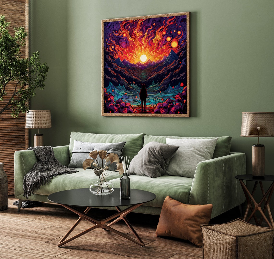 Lone Figure Fiery Psychedelic Sunset Swirling Cosmic Peaks Poster - Image 3