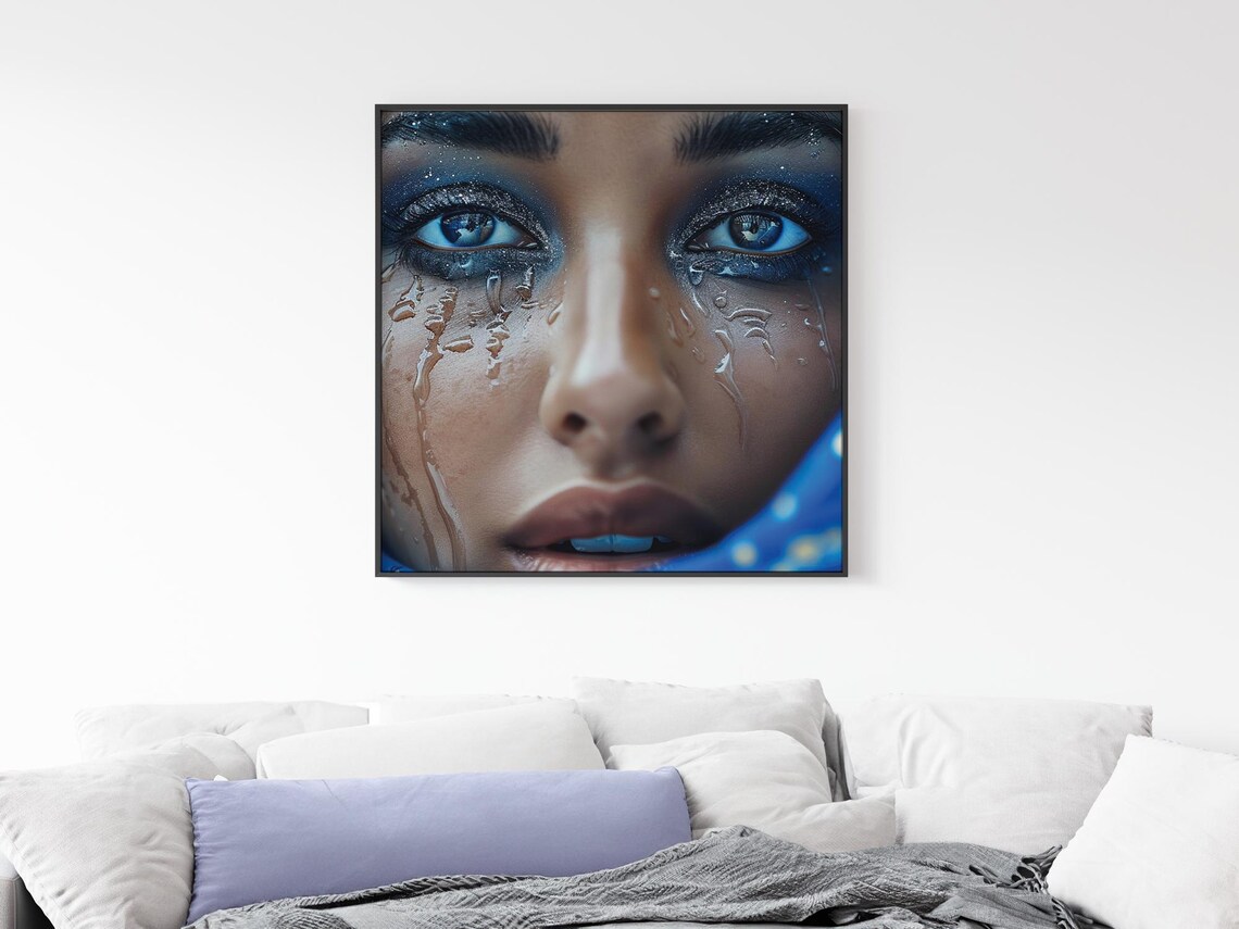 Tearful Blue Eyes Water Droplets Glitter Makeup Beauty Portrait Print - Image 4