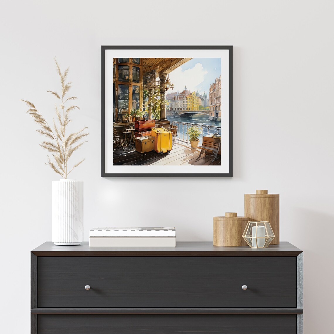 Watercolor City With Travelers Suitcases Framed Poster Cityscape River View Watercolor Poster Wall Art Watercolor Journey Poster - Image 3