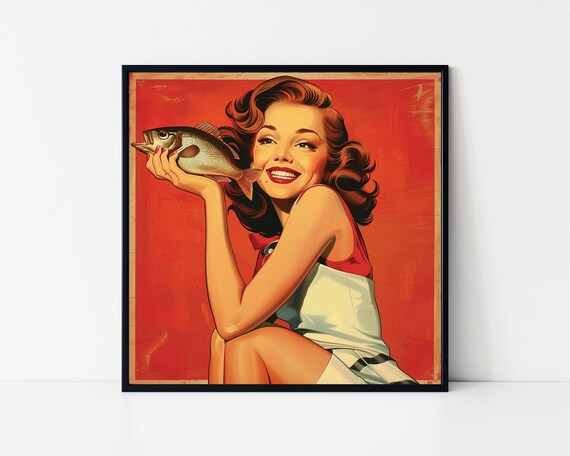 Smiling Retro Woman Holding A Fish Framed Poster Retro Woman Illustration Wall Hanging Wall Art Gorgeous Retro Woman Poster Retro Art