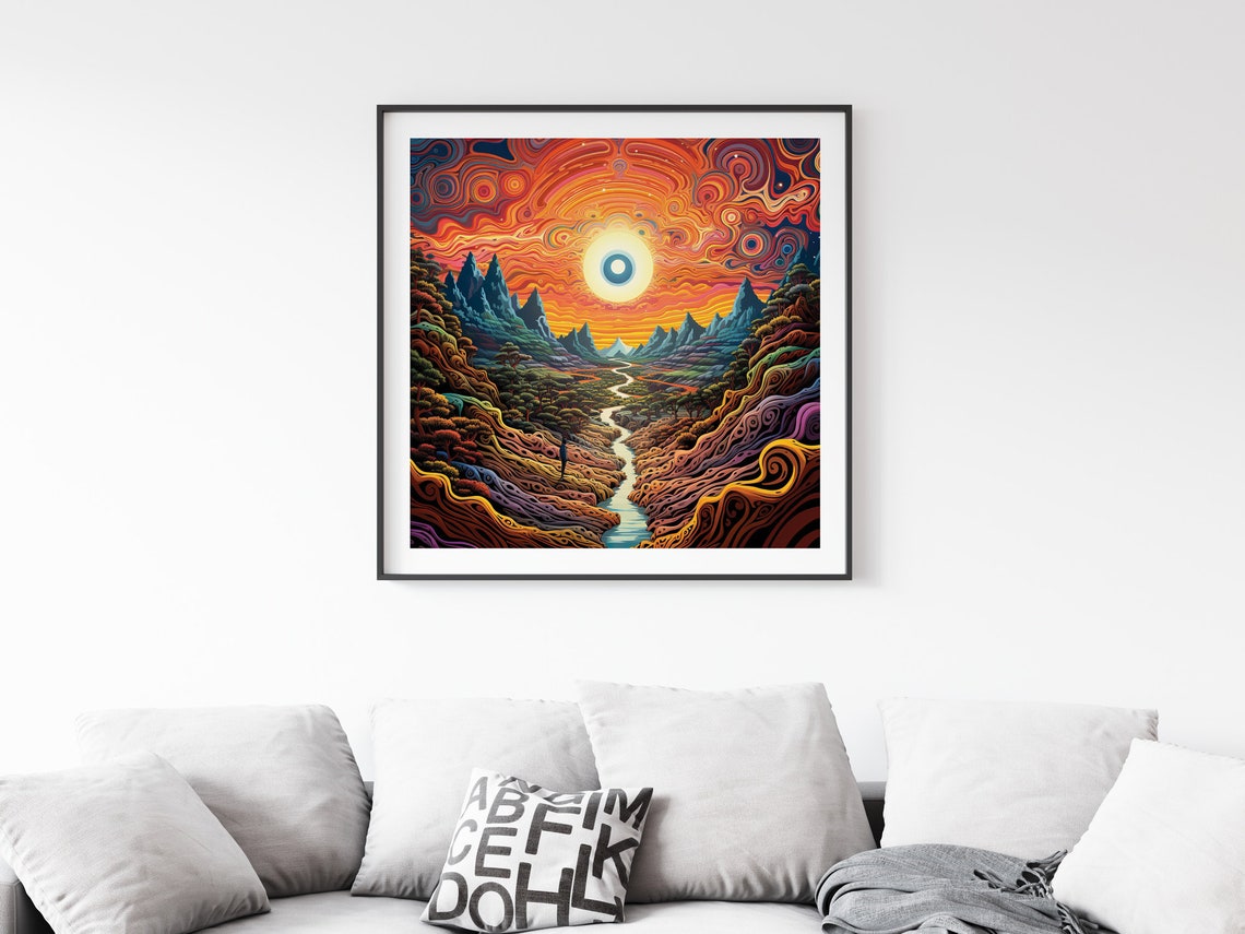 Vibrant Psychedelic Sunset Valley Spiral Sky Mountain Poster - Image 5