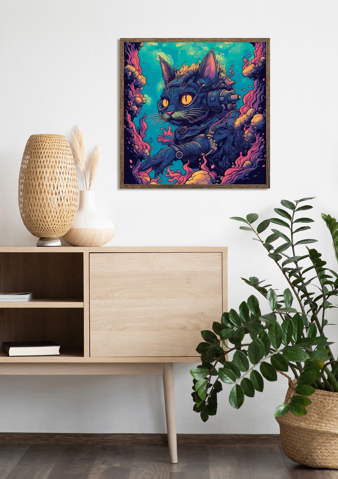 Cool Cyberpunk Black Cat Diver Neon Underwater Graffiti Wall Art - Image 4