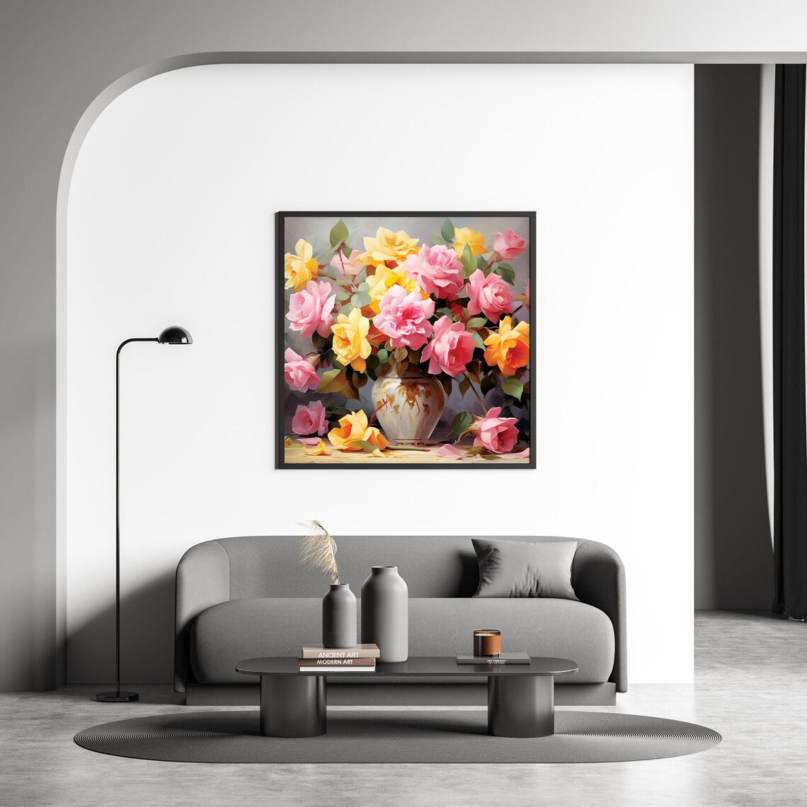 Palette Knife Roses Bouquet Oil Painting Pink Yellow Flower Poster - Image 5