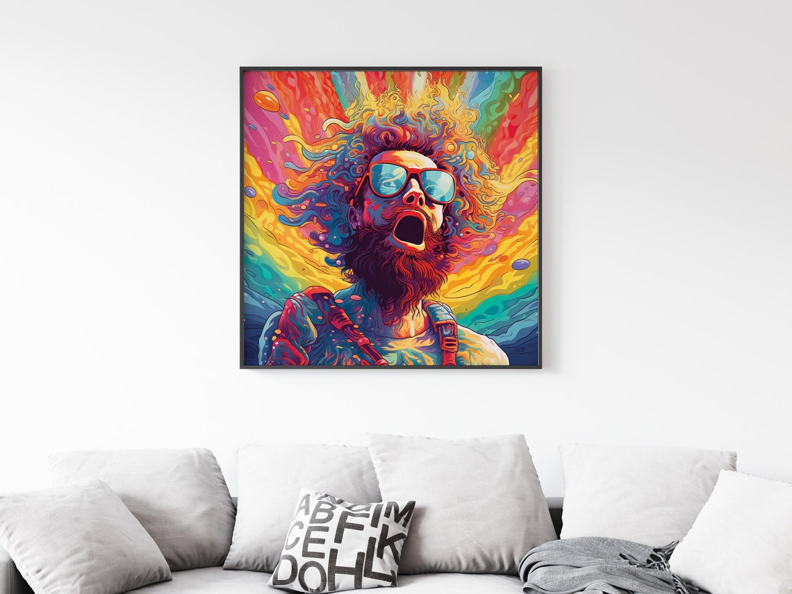 Joyful Bearded Man Sunglasses Rainbow Hair Psychedelic Rock Poster - Image 4