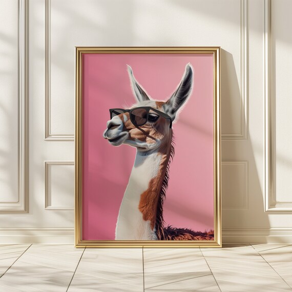 Funny Cool Llama Wearing Sunglasses on Pink Background Art Poster