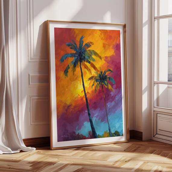 Tropical Sunset Painting Of Palm Tree Wall Art Summer Beach Print Poster