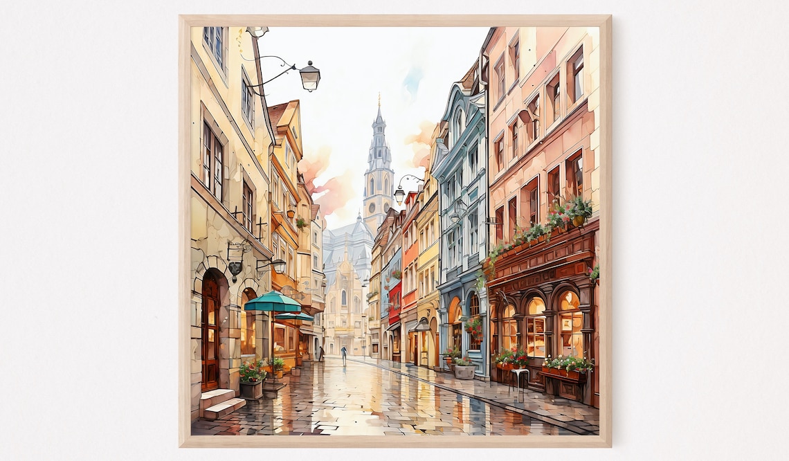 Rainy European Old Street Church Spire Watercolor Scene Art Print