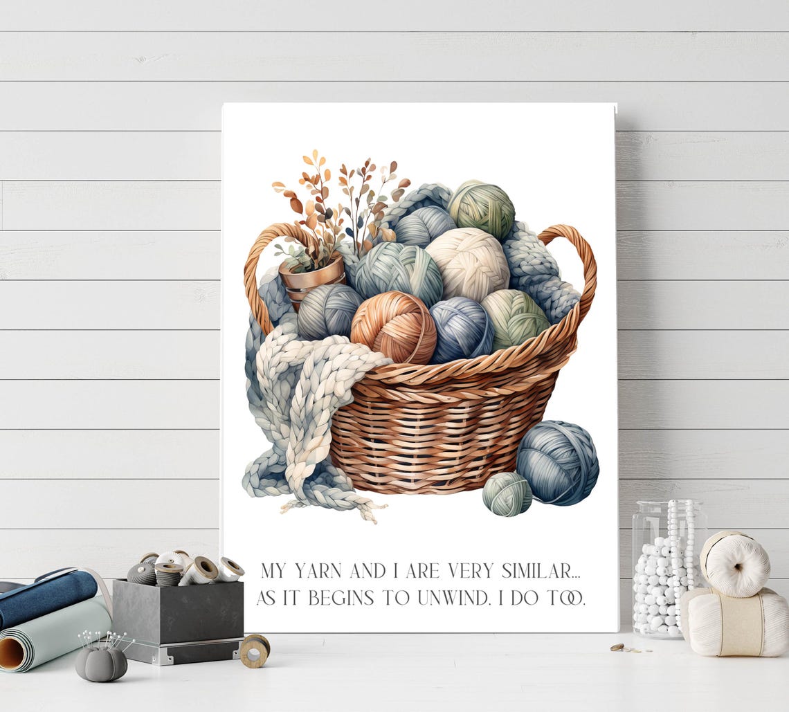 My Yarn and I Funny Knitting Quote Watercolor Yarn Basket Wall Art - Image 2