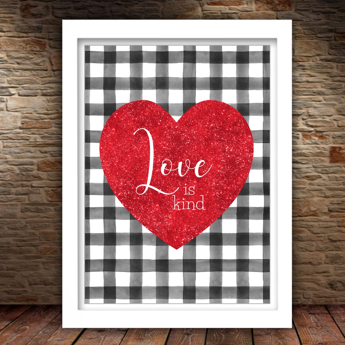 Love Is Kind Red Glitter Heart Buffalo Check Farmhouse Sign Poster - Image 3