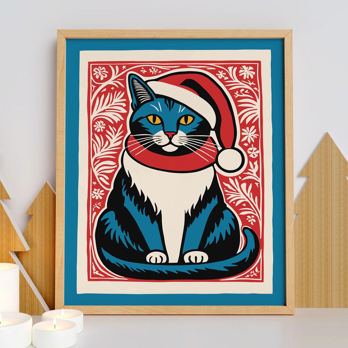 Blue Christmas Cat in Santa Hat Red Floral Folk Border Fun Poster