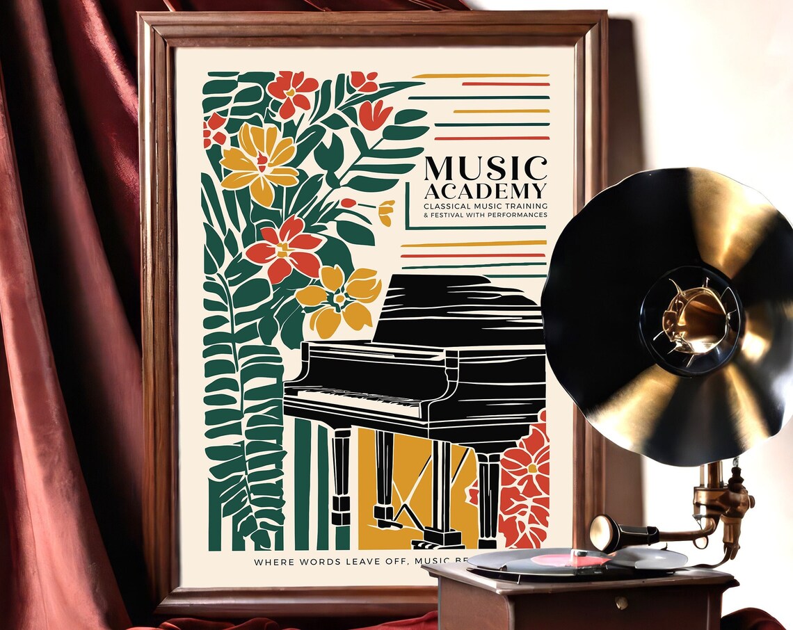 Music Academy Classical Piano Poster with Floral Art Deco Design