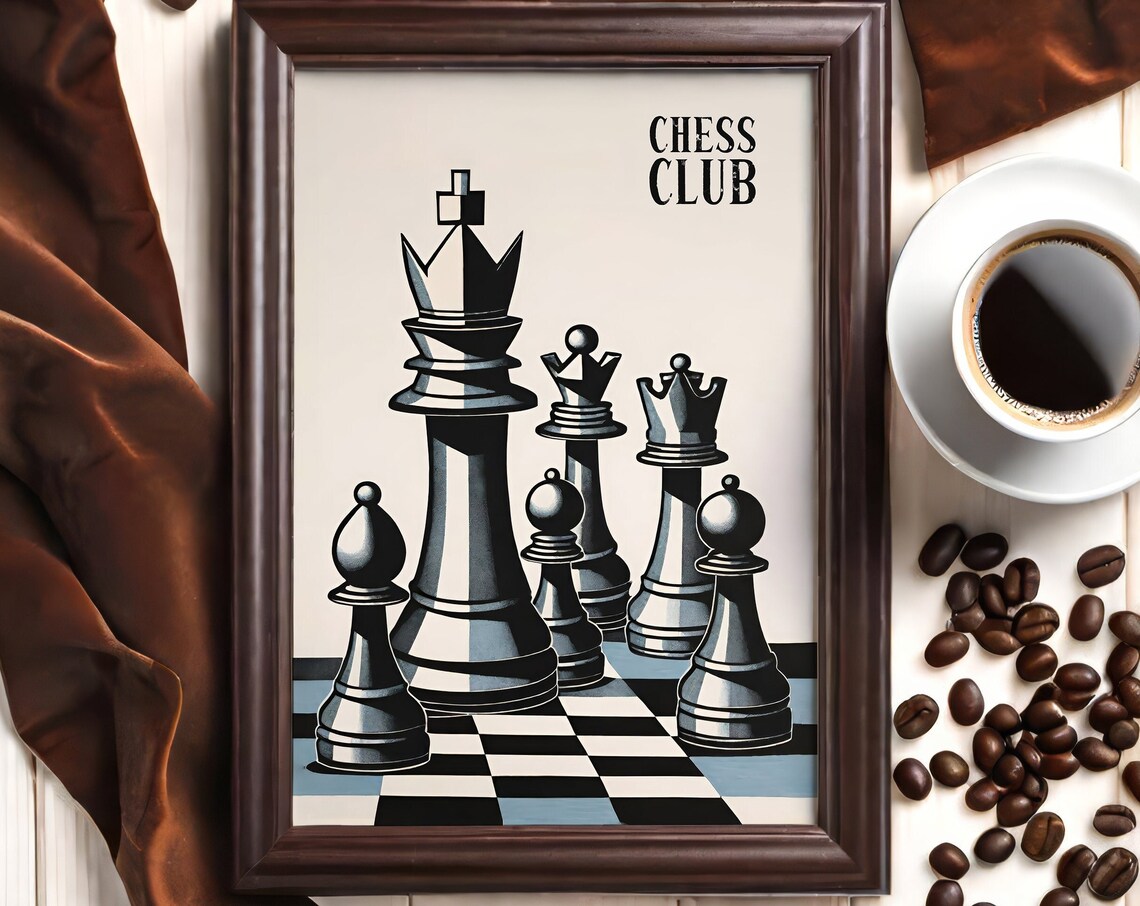 Monochrome Chess Club Black and White Pieces Graphic Strategy Poster - Image 6