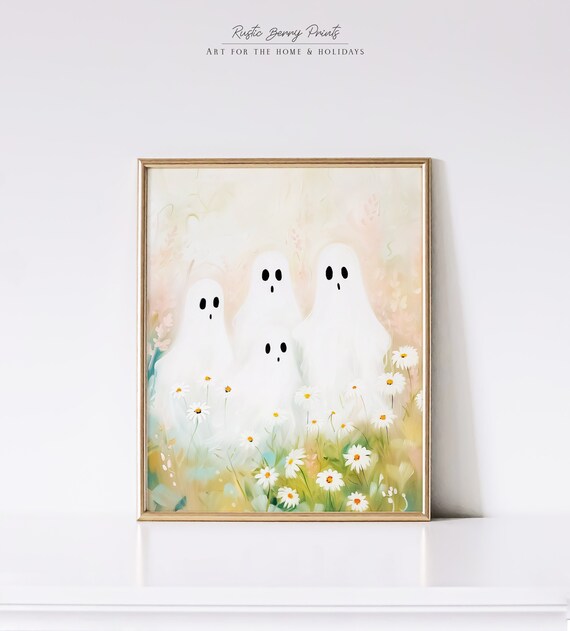 Four Cute Ghosts In Daisy Field Pastel Dreamy Halloween Wall Art