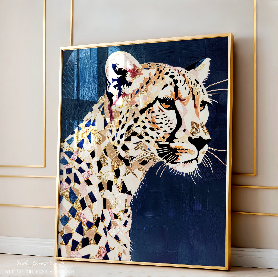 Glam Mosaic Cheetah Portrait Gold Navy Glitter Elegant Wall Art